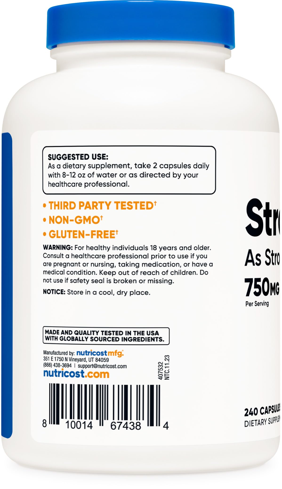 Nutricost Strontium capsules label detail with independent testing badge.