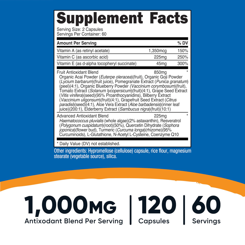 Nutricost Super Antioxidants capsules close-up showing easy-to-swallow design