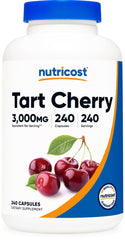 Nutricost Tart Cherry Extract bottle and label highlight gluten-free, non-GMO features.