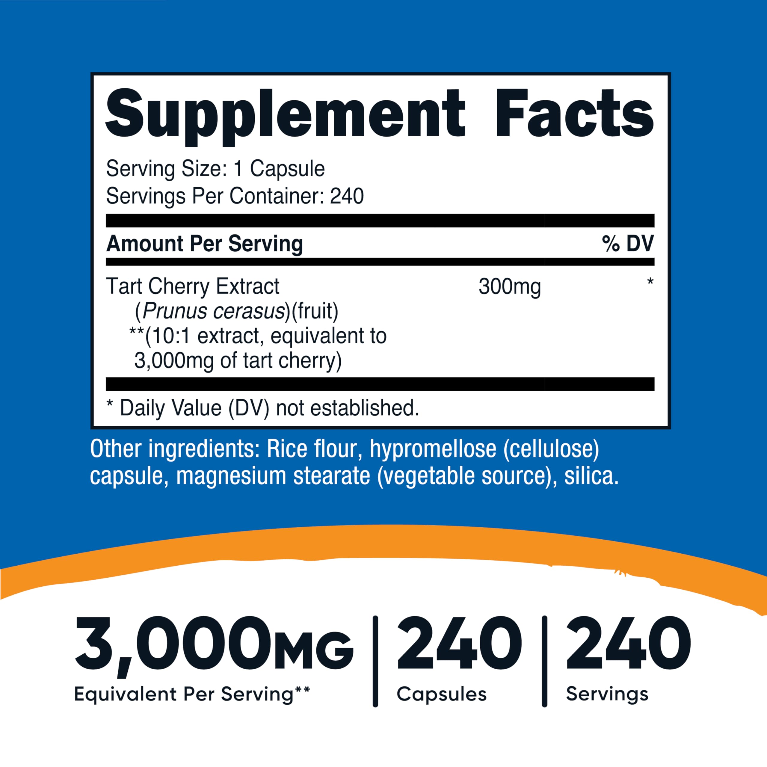 Nutricost Tart Cherry Extract capsules close-up showing 240 capsules per bottle.