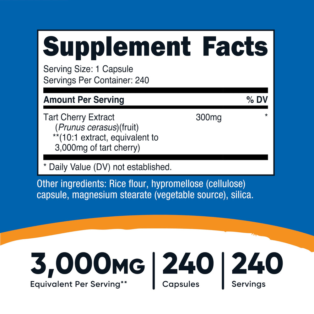 Nutricost Tart Cherry Extract capsules close-up showing 240 capsules per bottle.