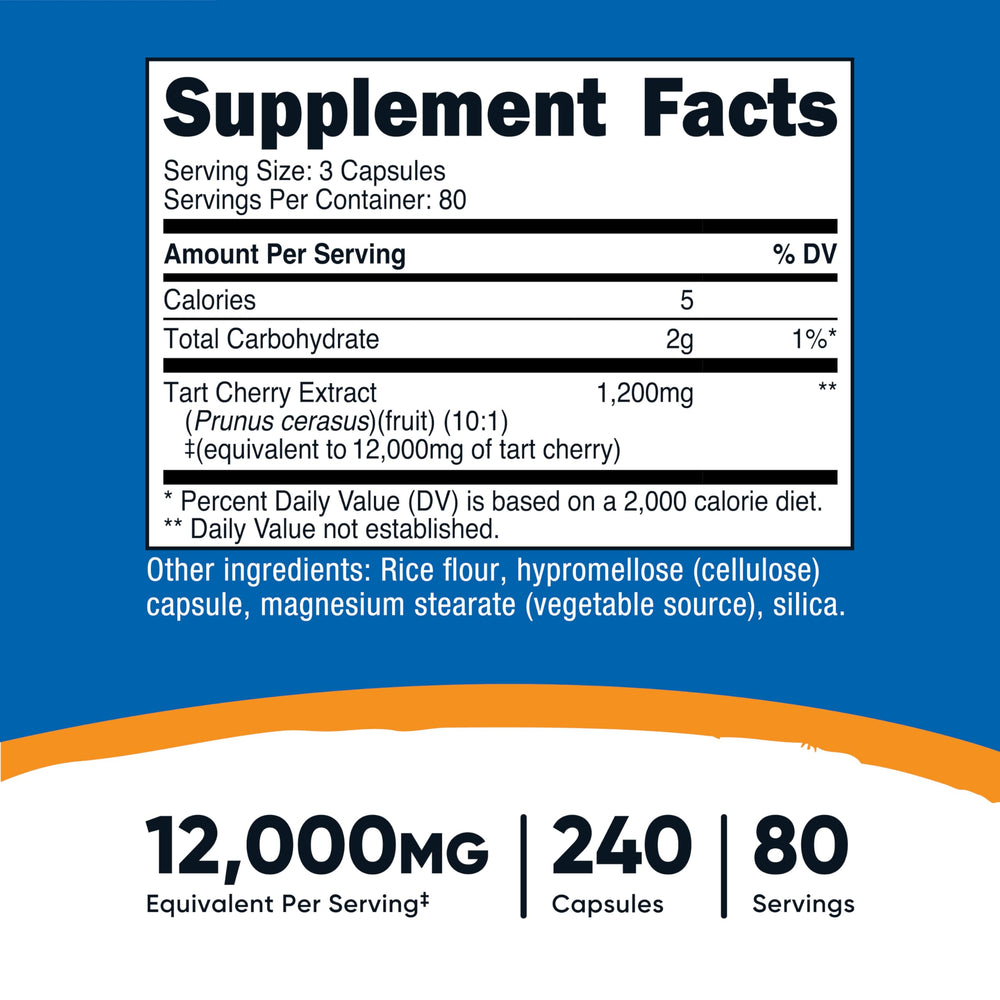 Nutricost Tart Cherry Extract capsules inside bottle, convenient vegan capsules.