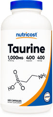 Nutricost Taurine 1000mg bottle with capsules highlighting daily dosing use