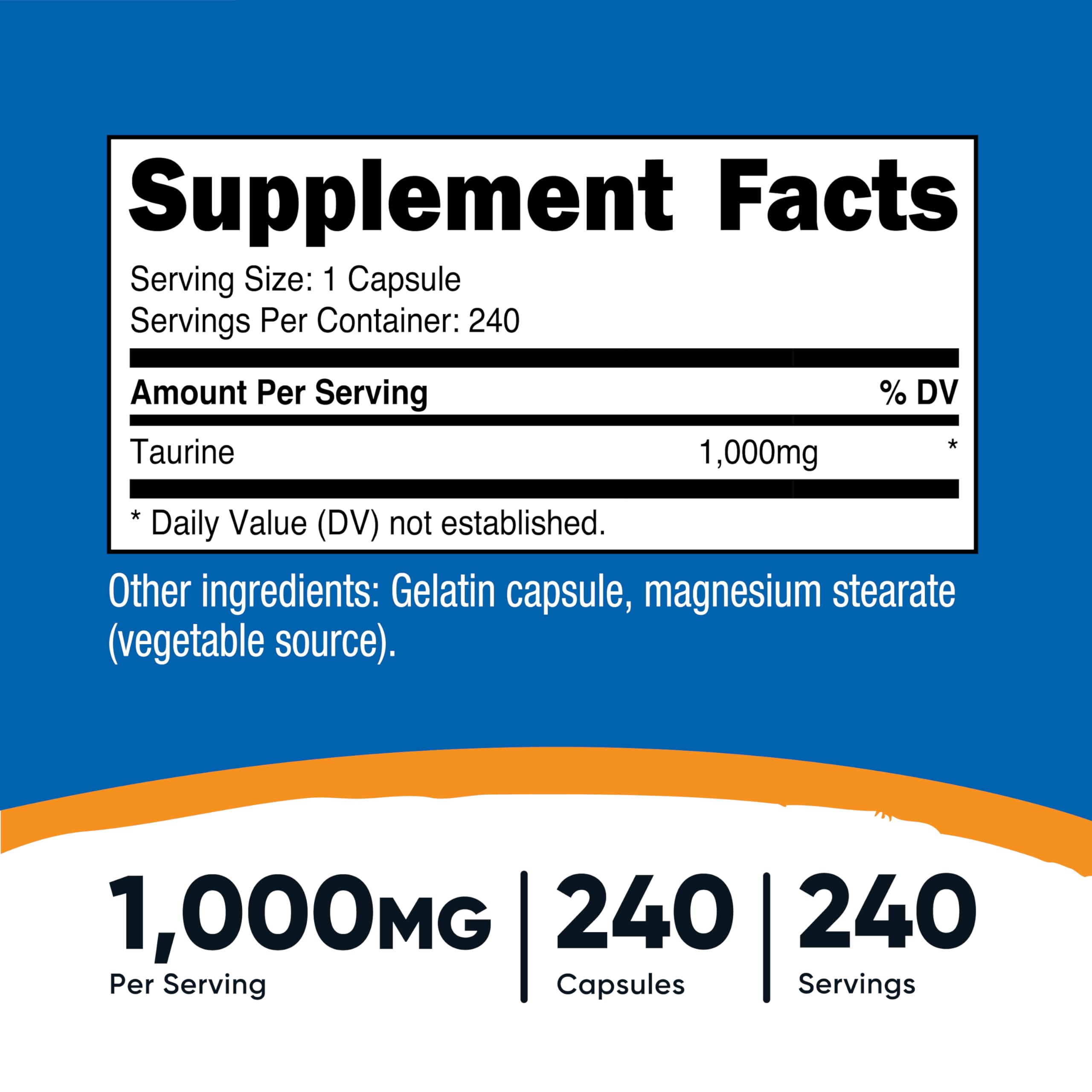Nutricost Taurine 1000mg serving image highlights 240 servings per bottle