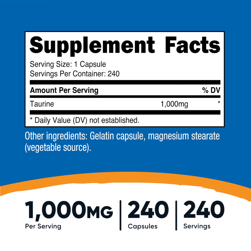 Nutricost Taurine 1000mg serving image highlights 240 servings per bottle