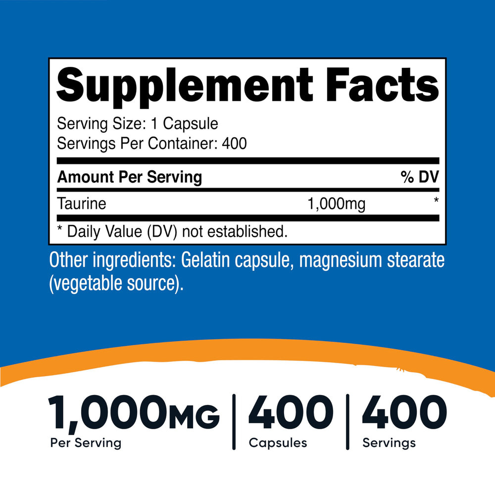Close-up of Nutricost Taurine capsules for easy-to-swallow daily use