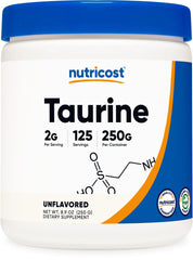 Nutricost Taurine Powder bottle on shelf ready for daily use