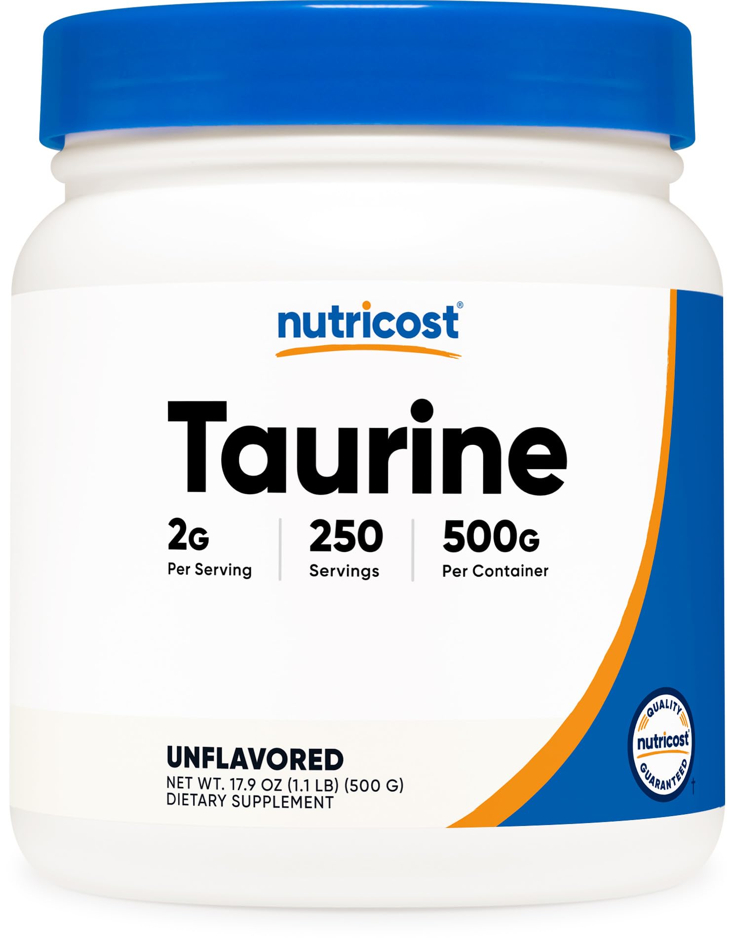 Nutricost Taurine powder bottle close-up highlighting quality and clean ingredients.