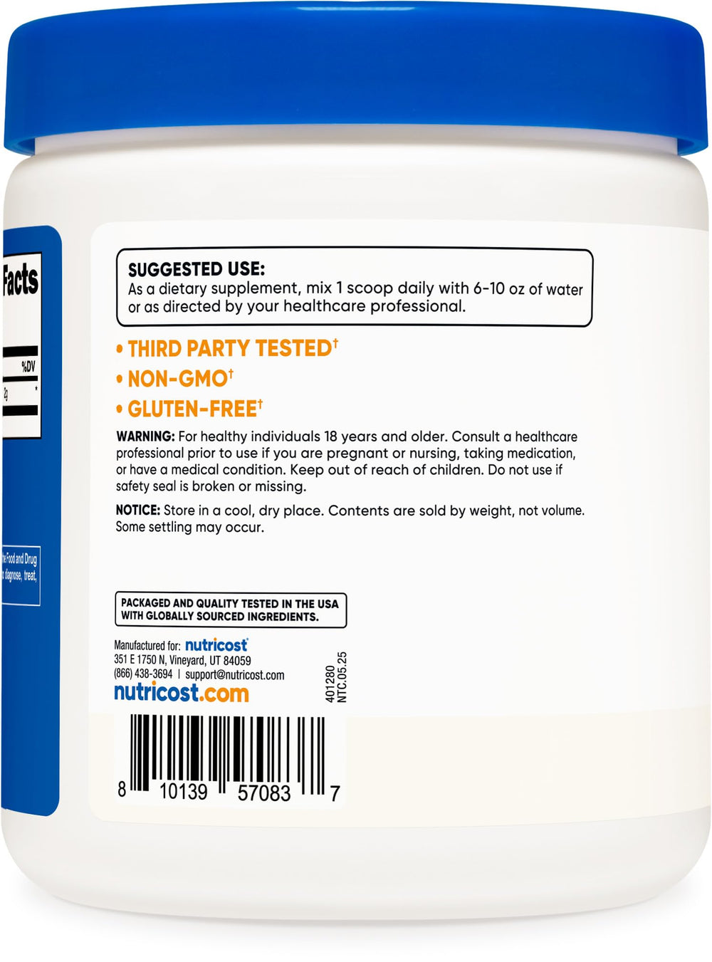 Nutricost Taurine Powder dispensing illustrates a 2 g portion for easy daily use
