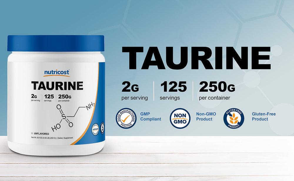 Nutricost Taurine Powder label close-up shows Non-GMO and Gluten-Free features