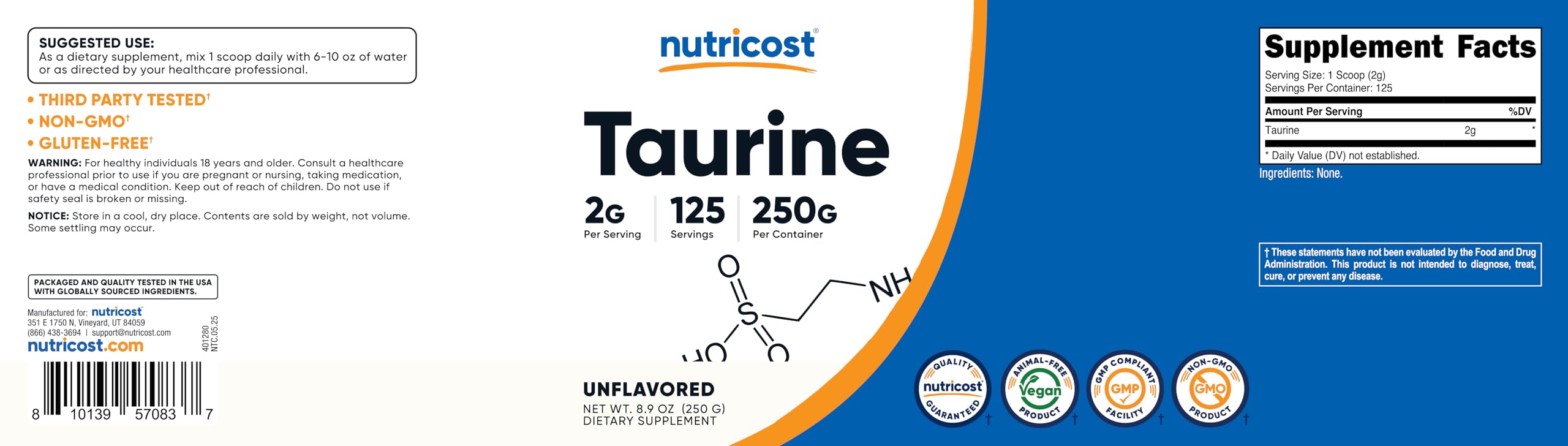 Nutricost Taurine Powder packaging front confirms quality standards and facility compliance