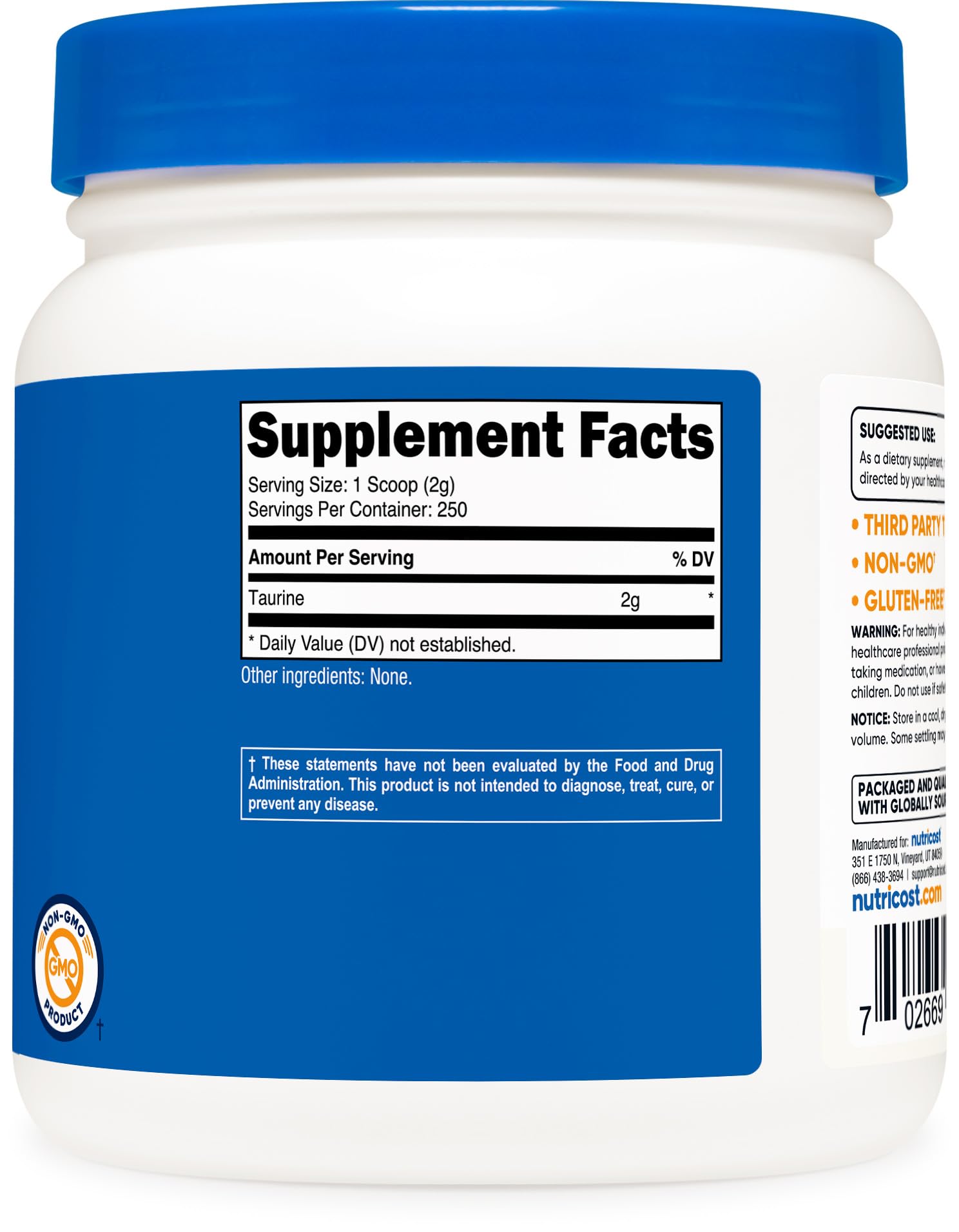 Nutricost Taurine powder packaging highlights non-GMO and gluten-free features.