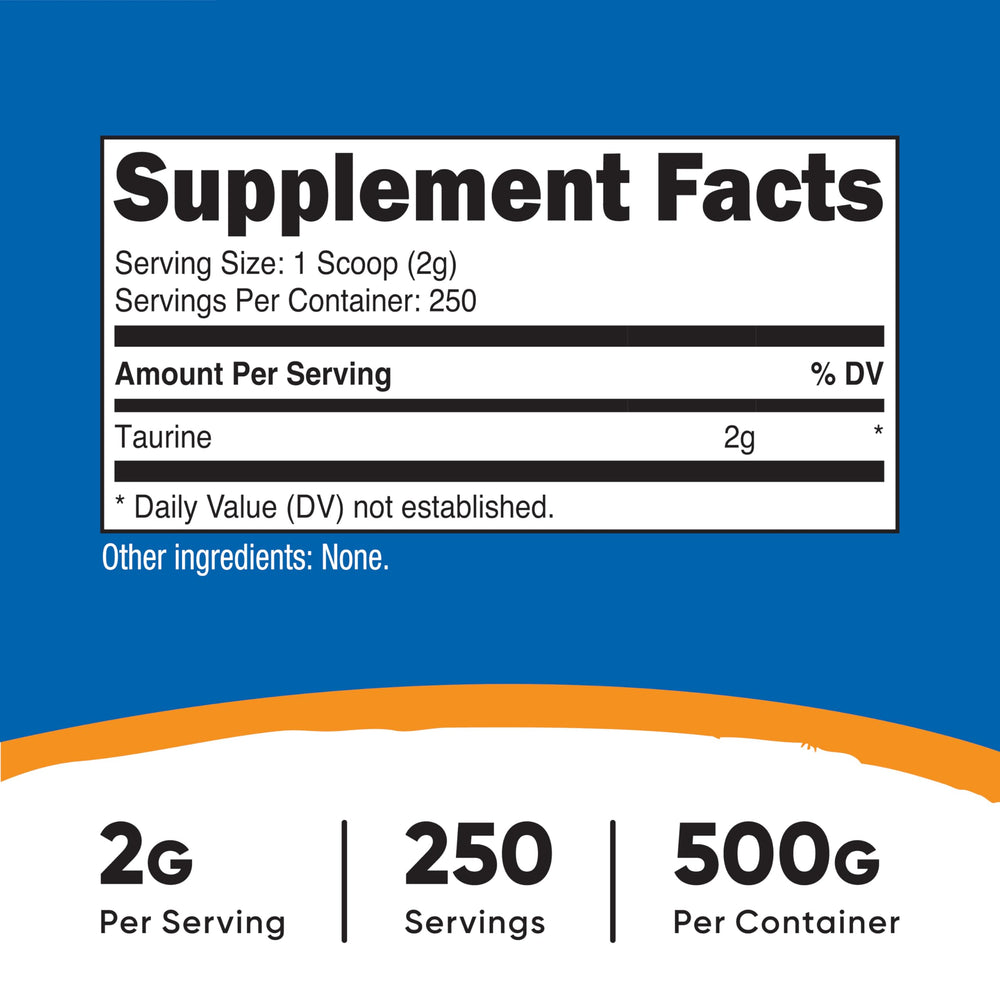 Nutricost Taurine powder scoop included for precise 2 g serving.