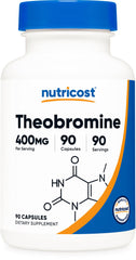 Nutricost Theobromine 400mg bottle label highlights potency and purity for daily use