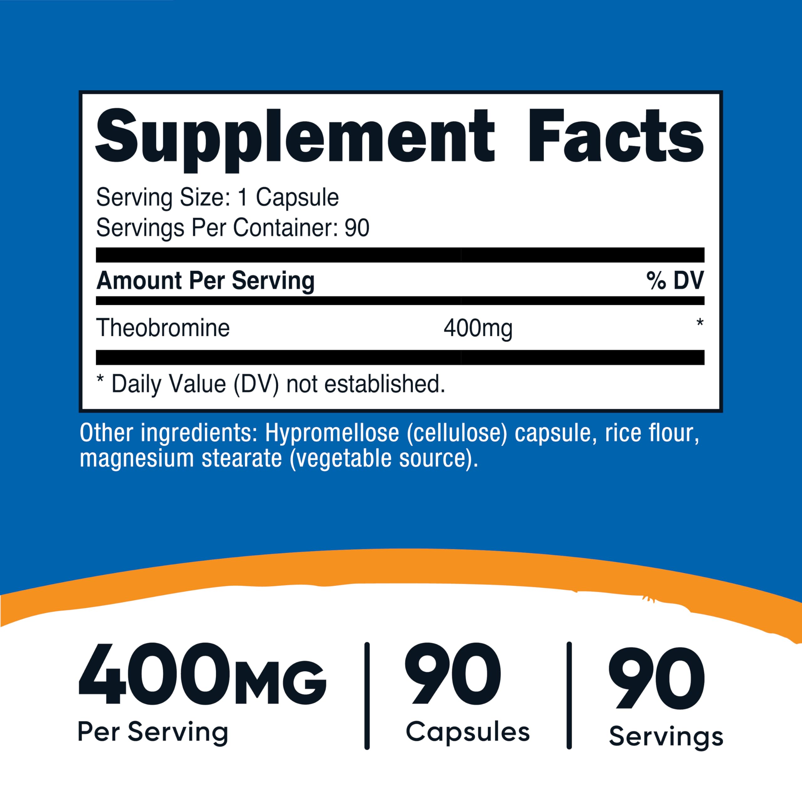 Nutricost Theobromine capsules close-up shows vegan capsules and 400mg dose