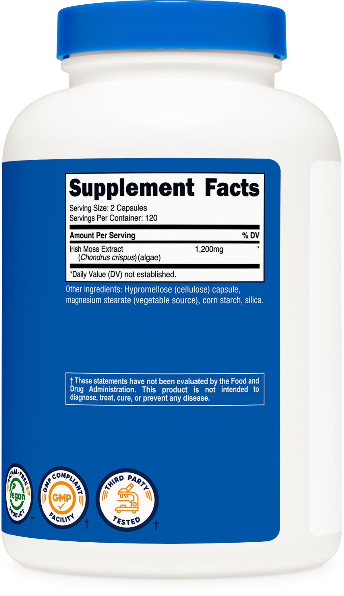 Nutricost Sea Moss capsules bottle on shelf, third-party tested for quality.
