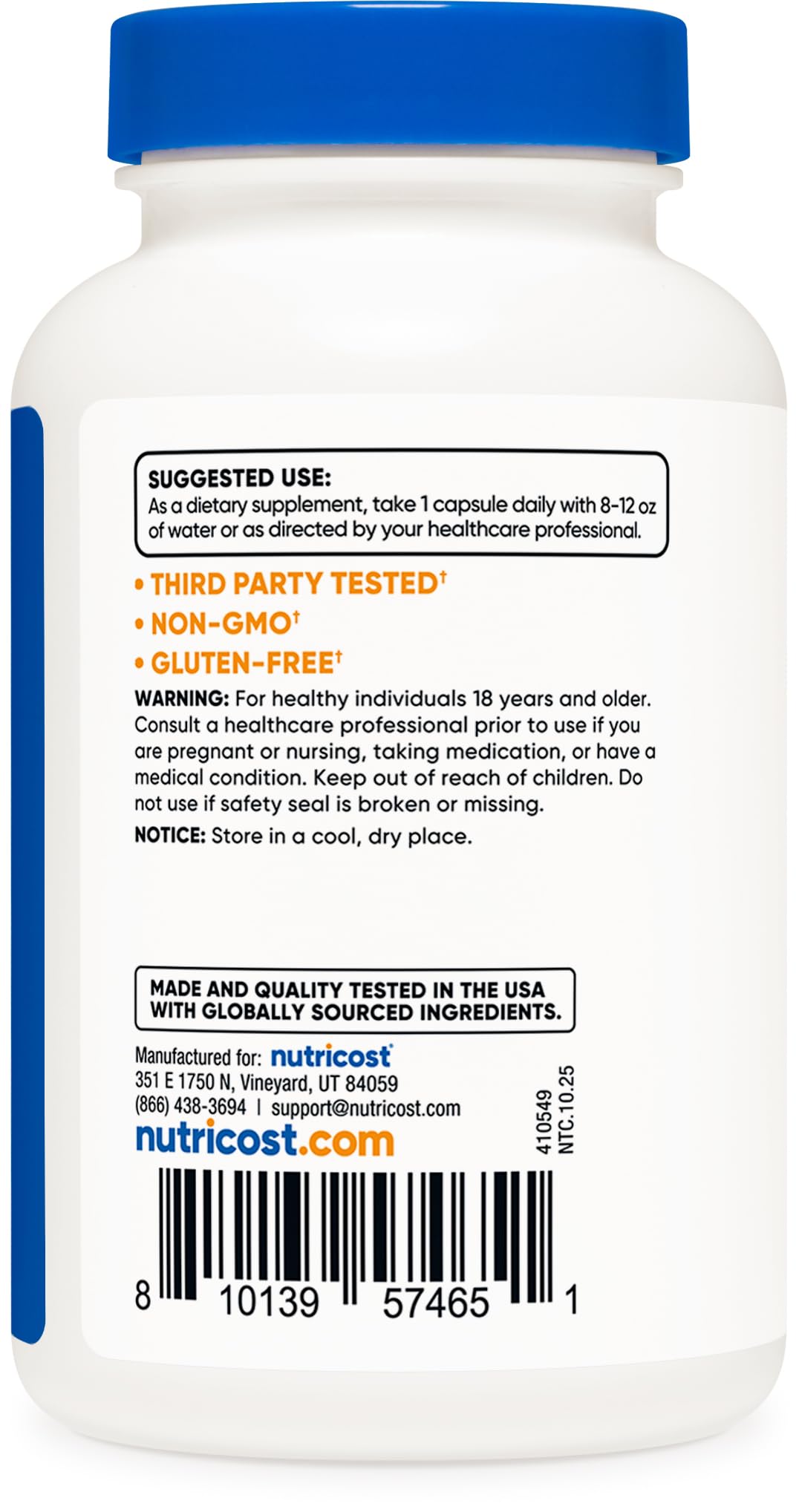 Nutricost third-party tested seal on box signals product reliability.