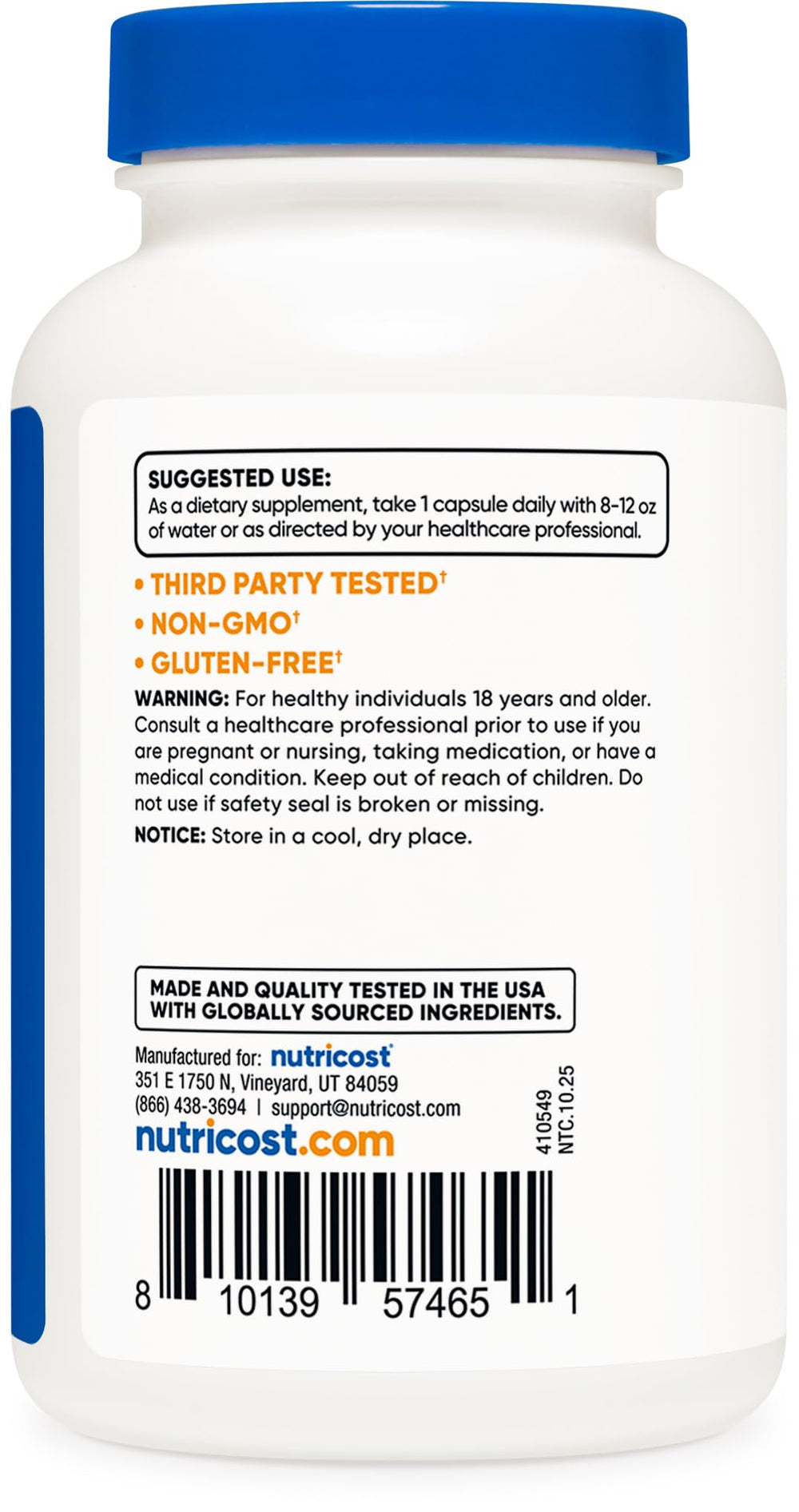 Nutricost third-party tested seal on box signals product reliability.