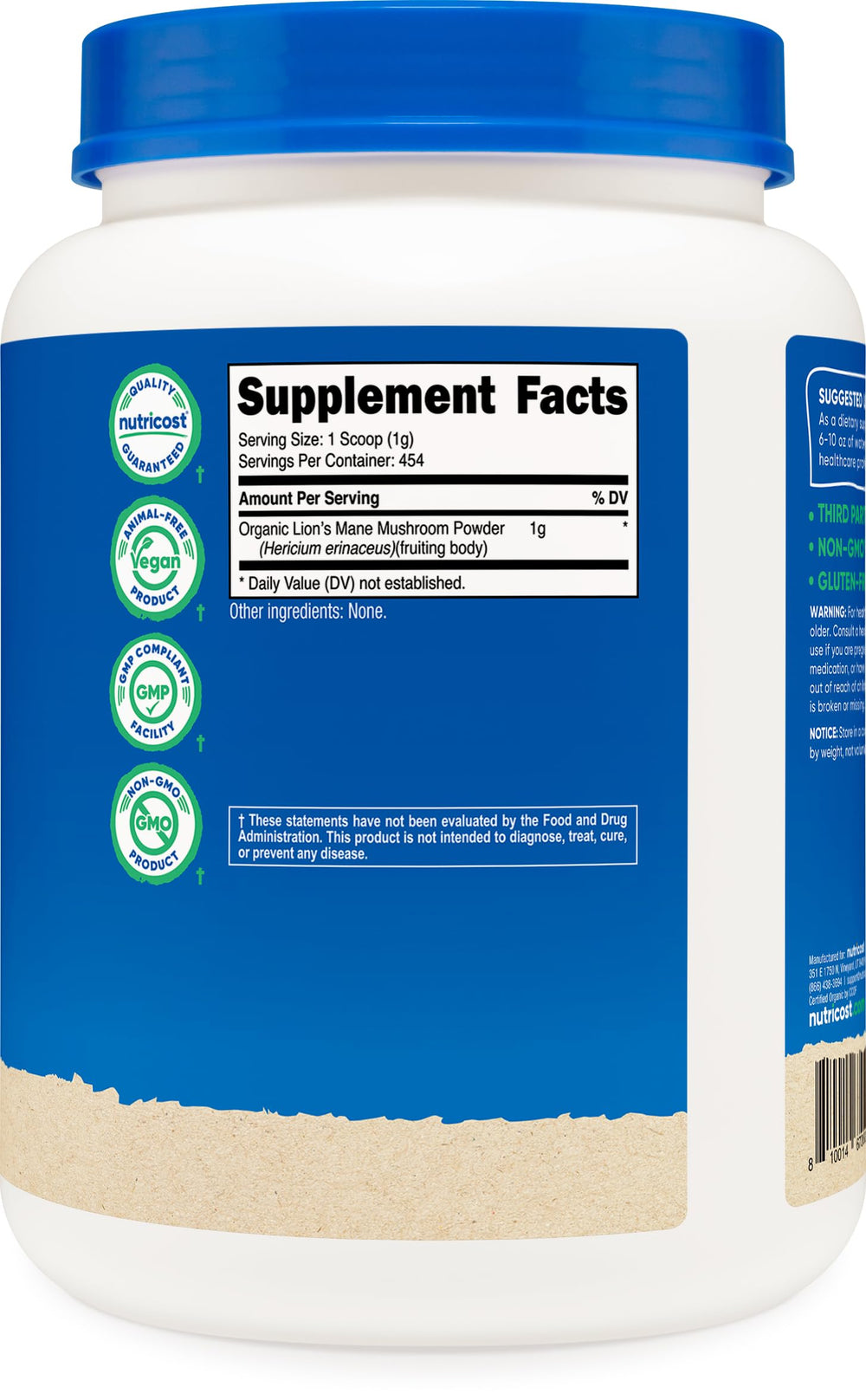 Nutricost Lion's Mane third-party tested label indicating safety and quality.