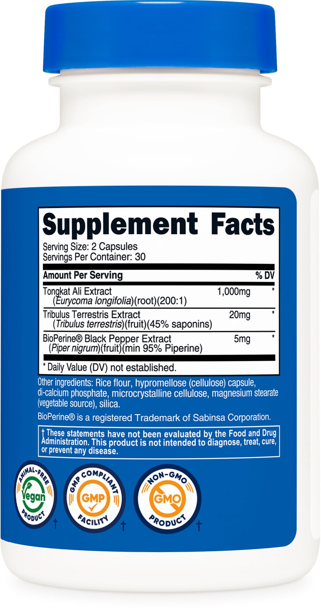 Nutricost Tongkat Ali ingredients panel includes BioPerine and Tribulus for absorption.