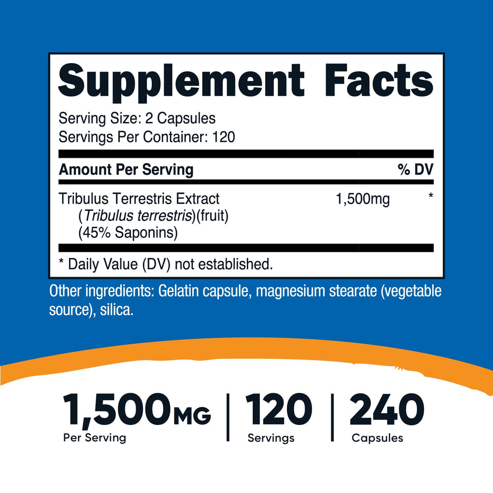 Nutricost Tribulus Terrestris 1500mg capsules for convenient daily use.