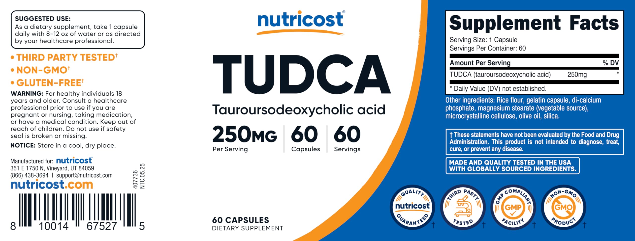Nutricost Tudca 250mg bottle cap color variation white or blue.