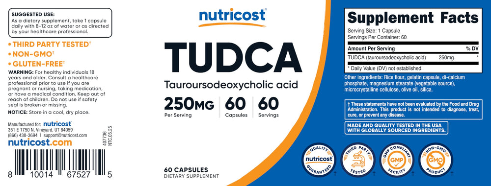 Nutricost Tudca 250mg bottle cap color variation white or blue.