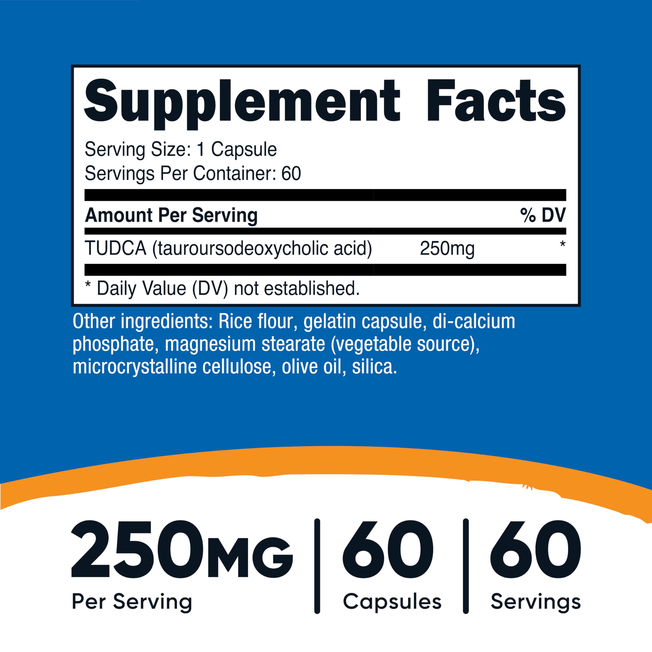 Close-up of Nutricost Tudca 250mg capsules for easy ingestion.