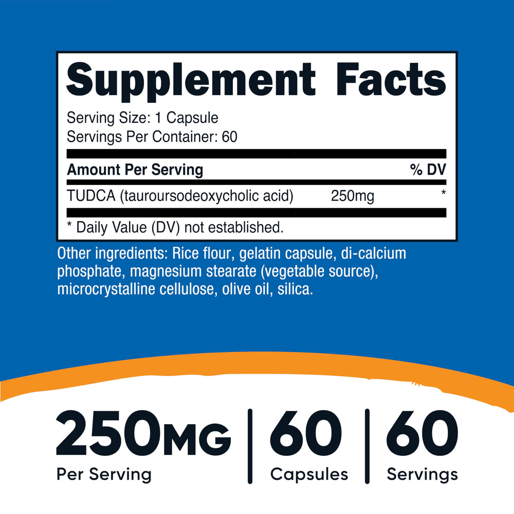 Close-up of Nutricost Tudca 250mg capsules for easy ingestion.