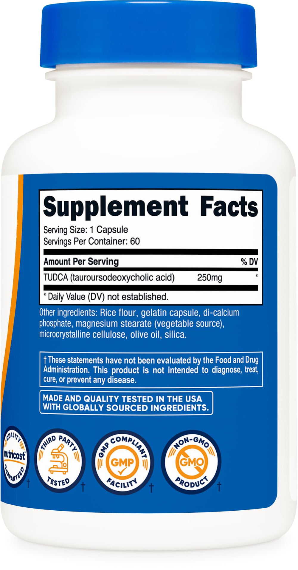 Seal indicating ISO, GMP, and FDA registration on Nutricost Tudca bottle.