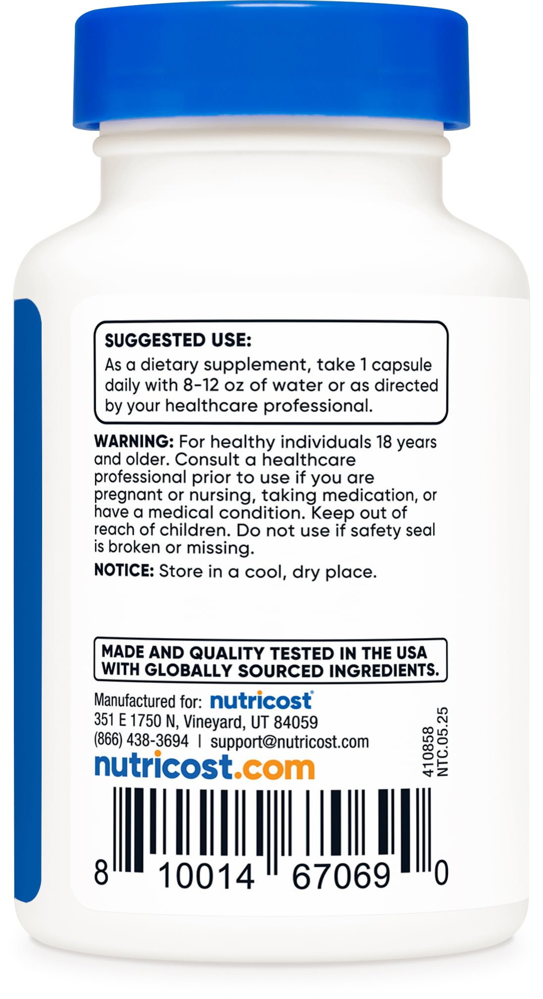 Nutricost Tudca 500mg bottle back with supplement facts for transparency