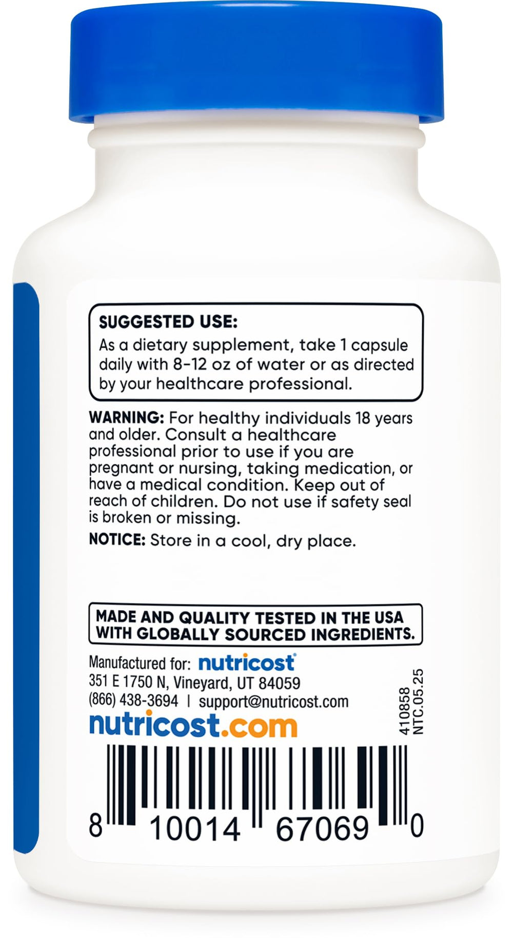 Nutricost Tudca 500mg bottle back with supplement facts for transparency