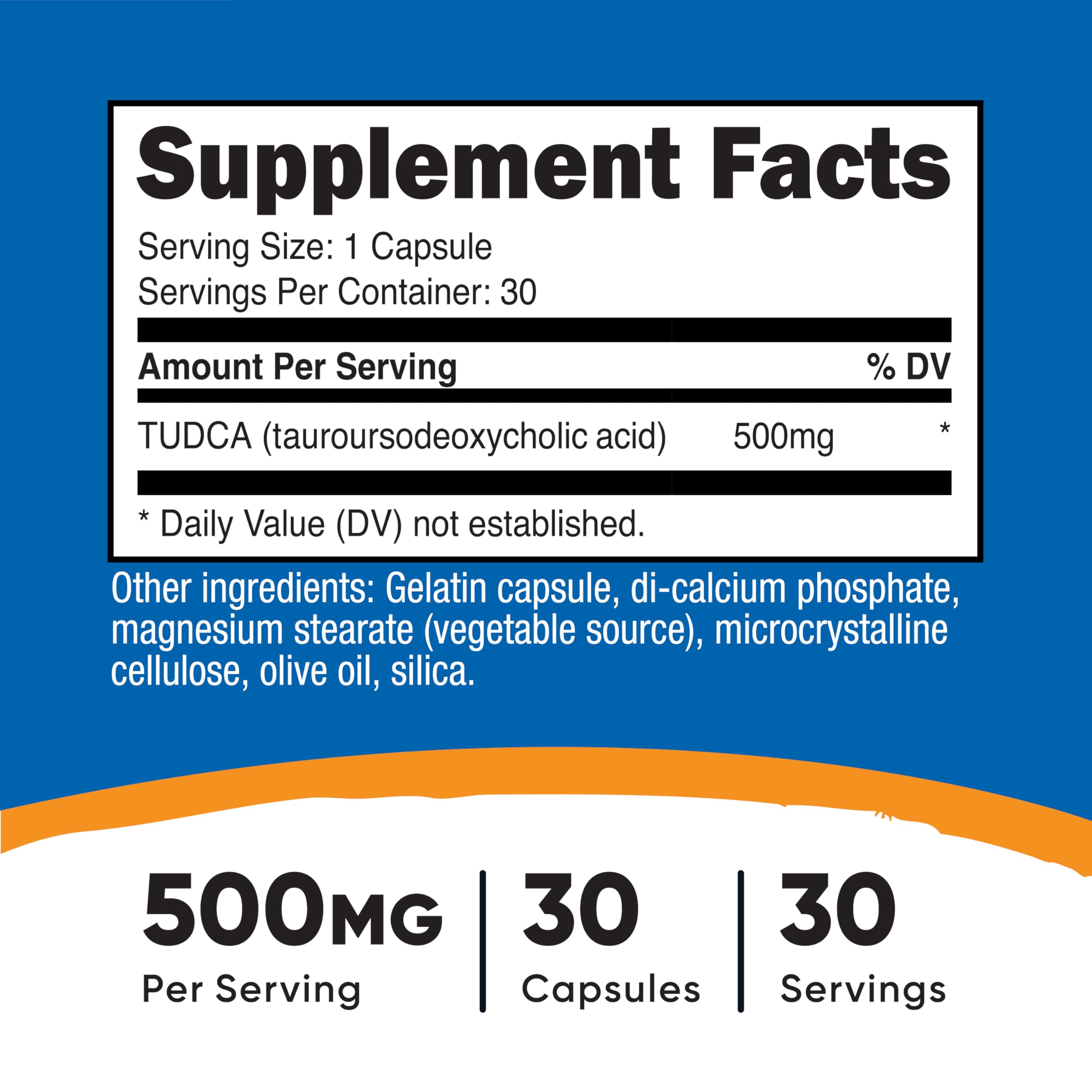 Nutricost Tudca 500mg capsules close-up, uniform pills for easy daily swallowing