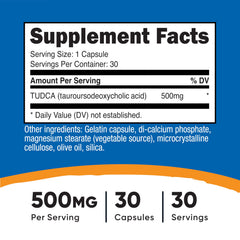 Nutricost Tudca 500mg capsules close-up, uniform pills for easy daily swallowing