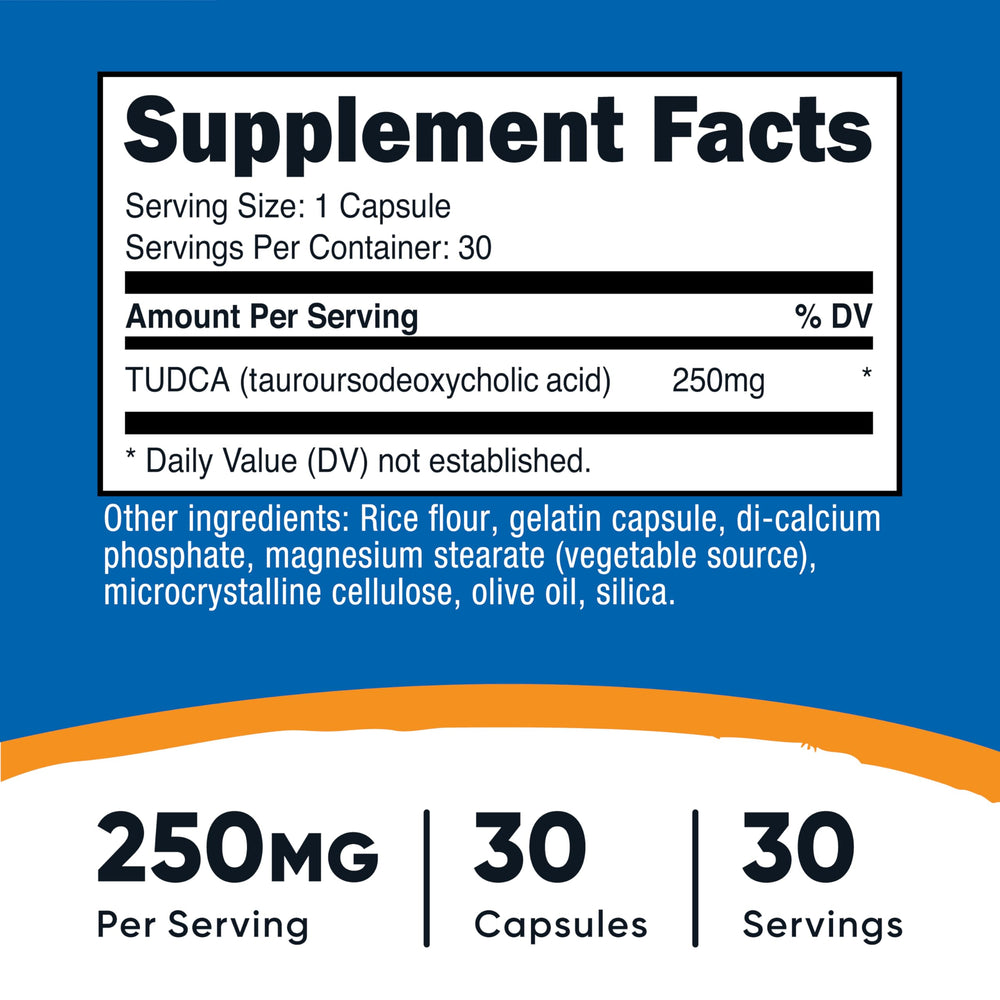 Nutricost Tudca capsules closeup showing uniform dosage.