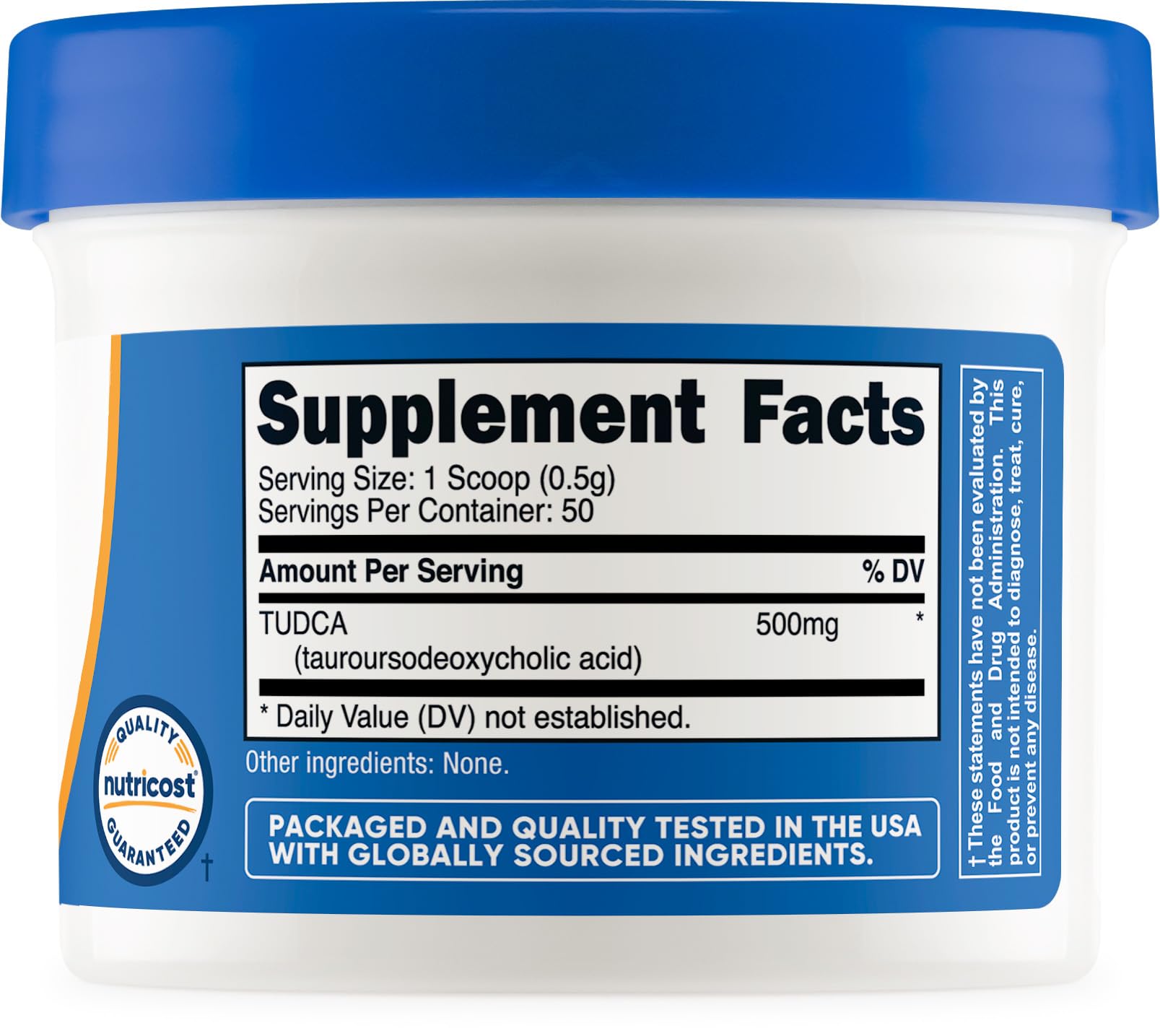 Label confirms third-party testing and quality assurance for Nutricost Tudca