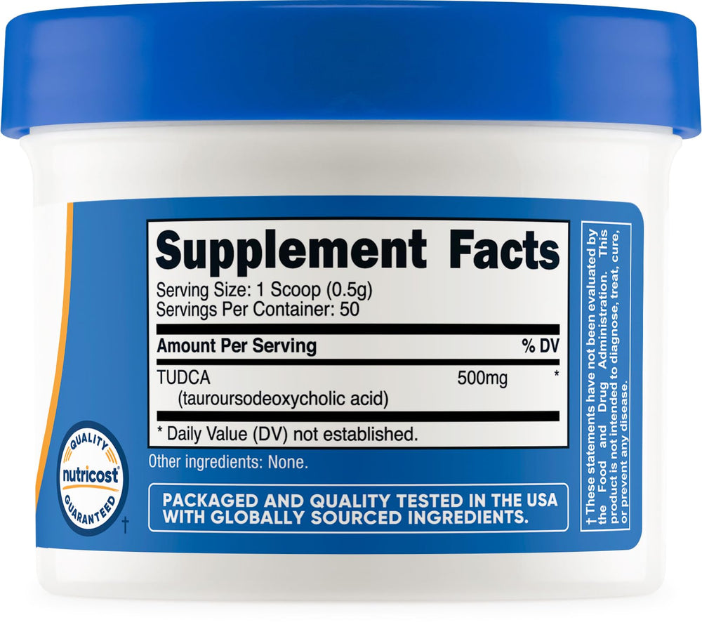 Label confirms third-party testing and quality assurance for Nutricost Tudca