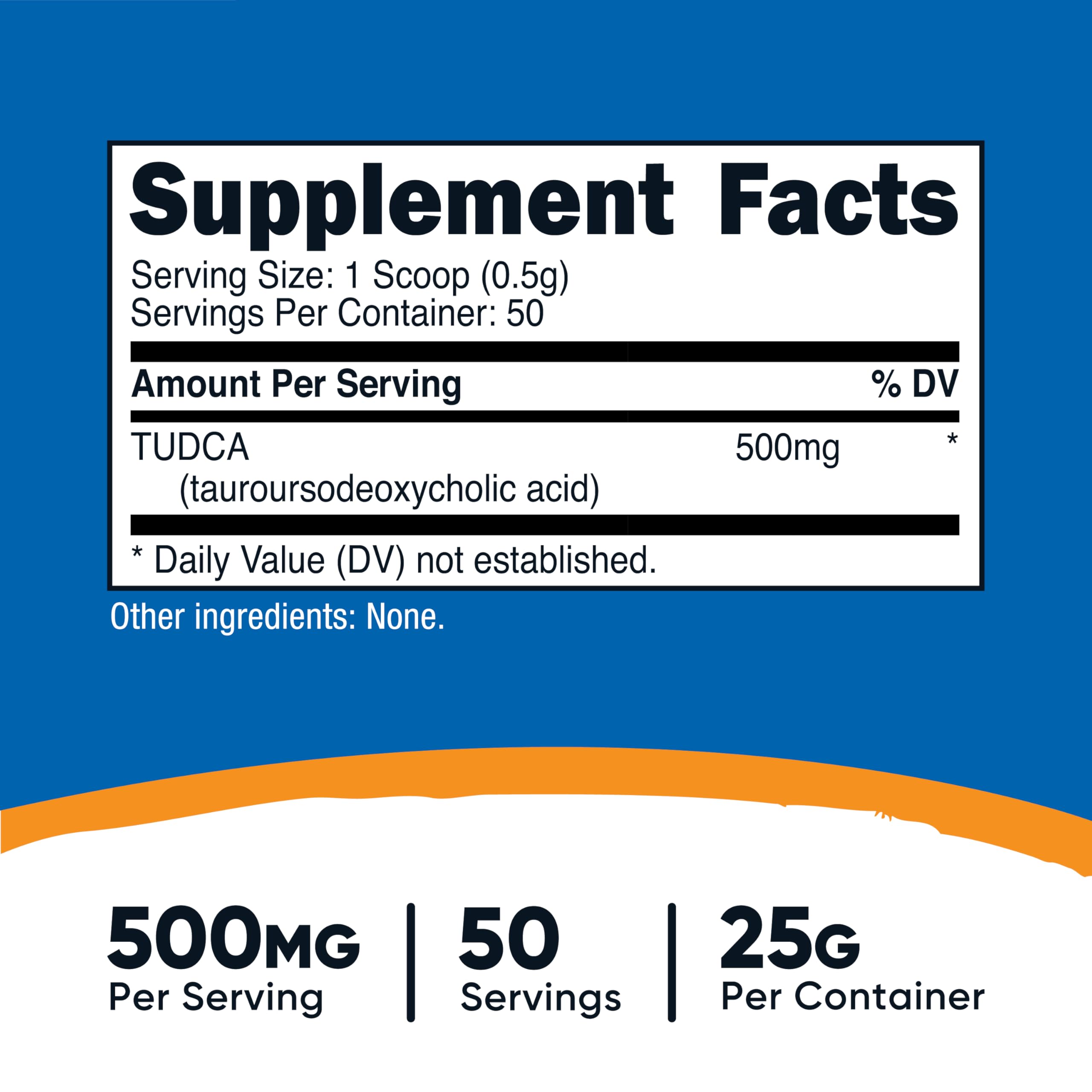 Nutricost Tudca powder scoop showing 500 mg serving for consistency