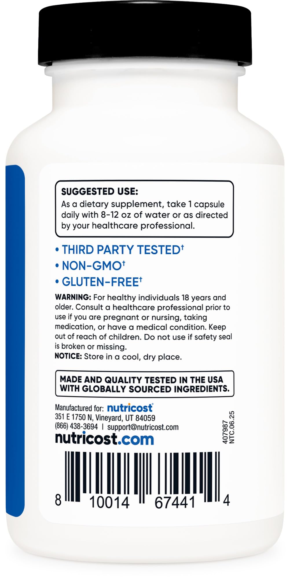 Nutricost Turkesterone bottle side view highlighting batch testing and quality control