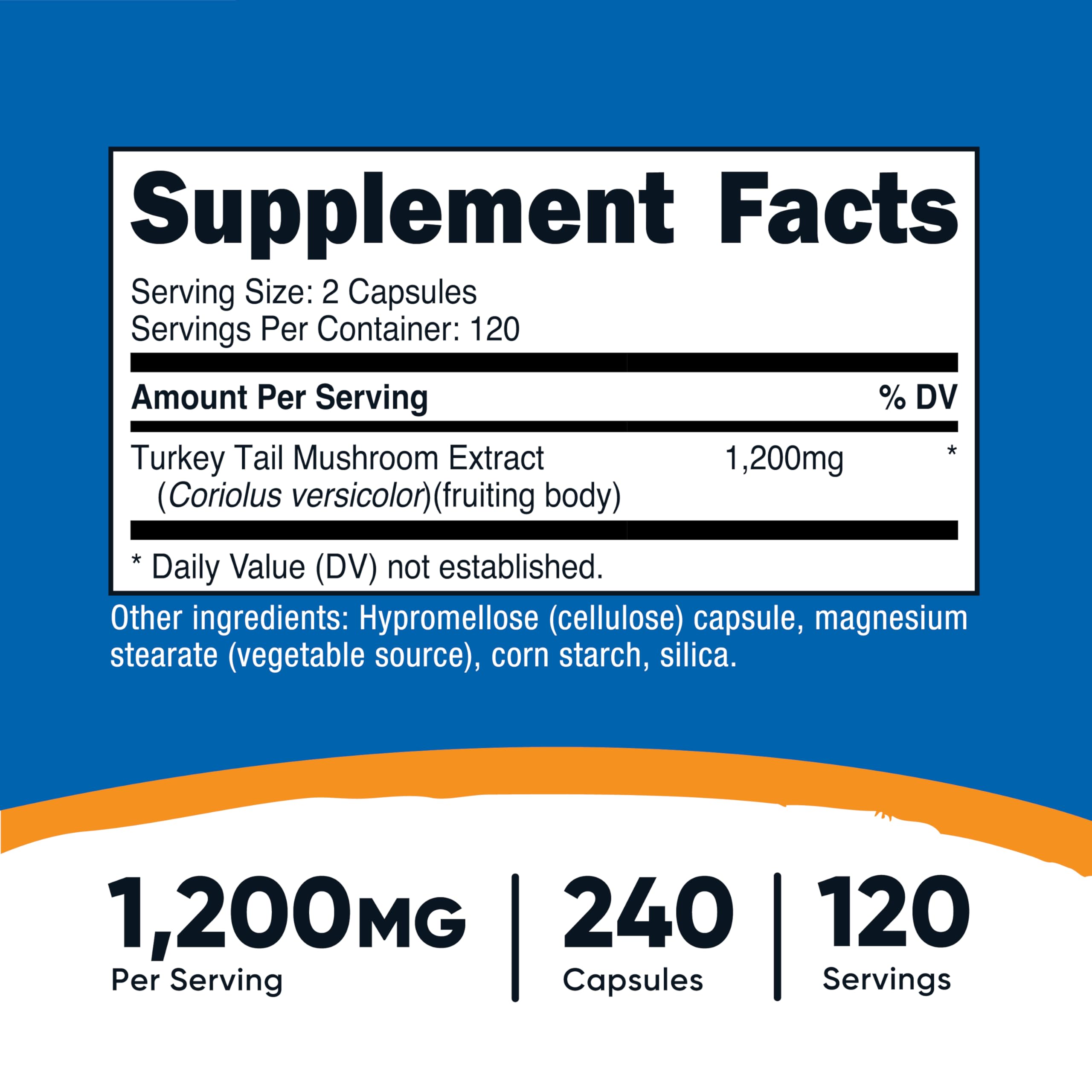 Nutricost Turkey Tail bottle back shows gluten-free, non-GMO details.