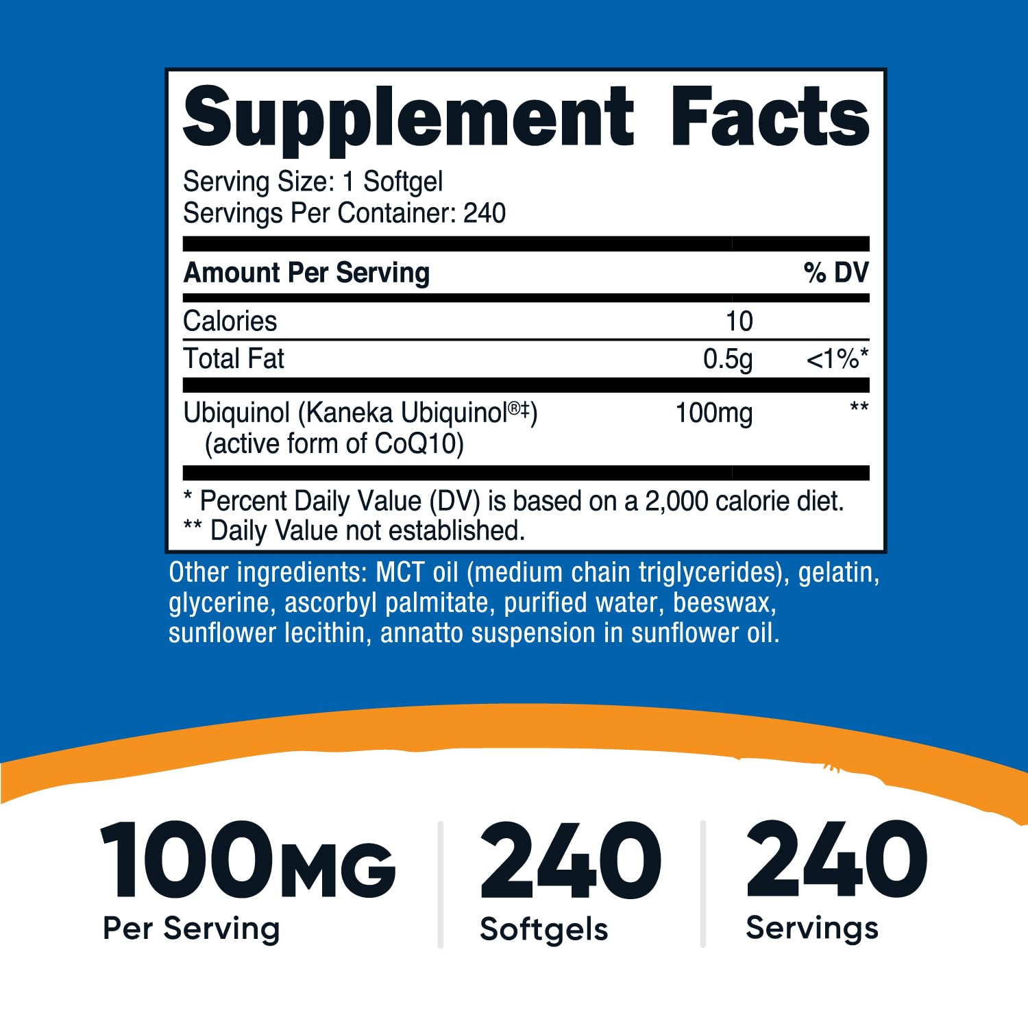 Close-up of Nutricost Ubiquinol 100 mg softgels showing smooth capsules