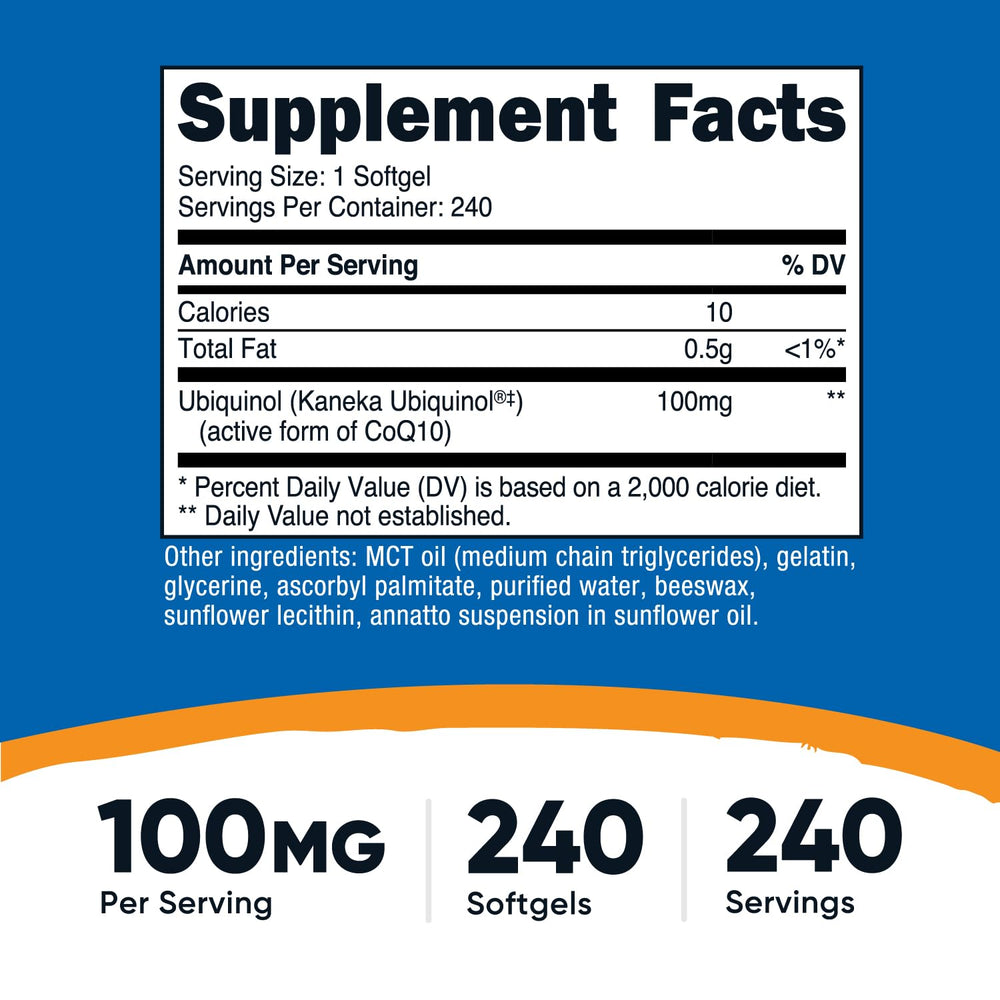 Close-up of Nutricost Ubiquinol 100 mg softgels showing smooth capsules