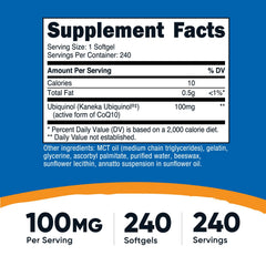 Close-up of Nutricost Ubiquinol 100 mg softgels showing smooth capsules