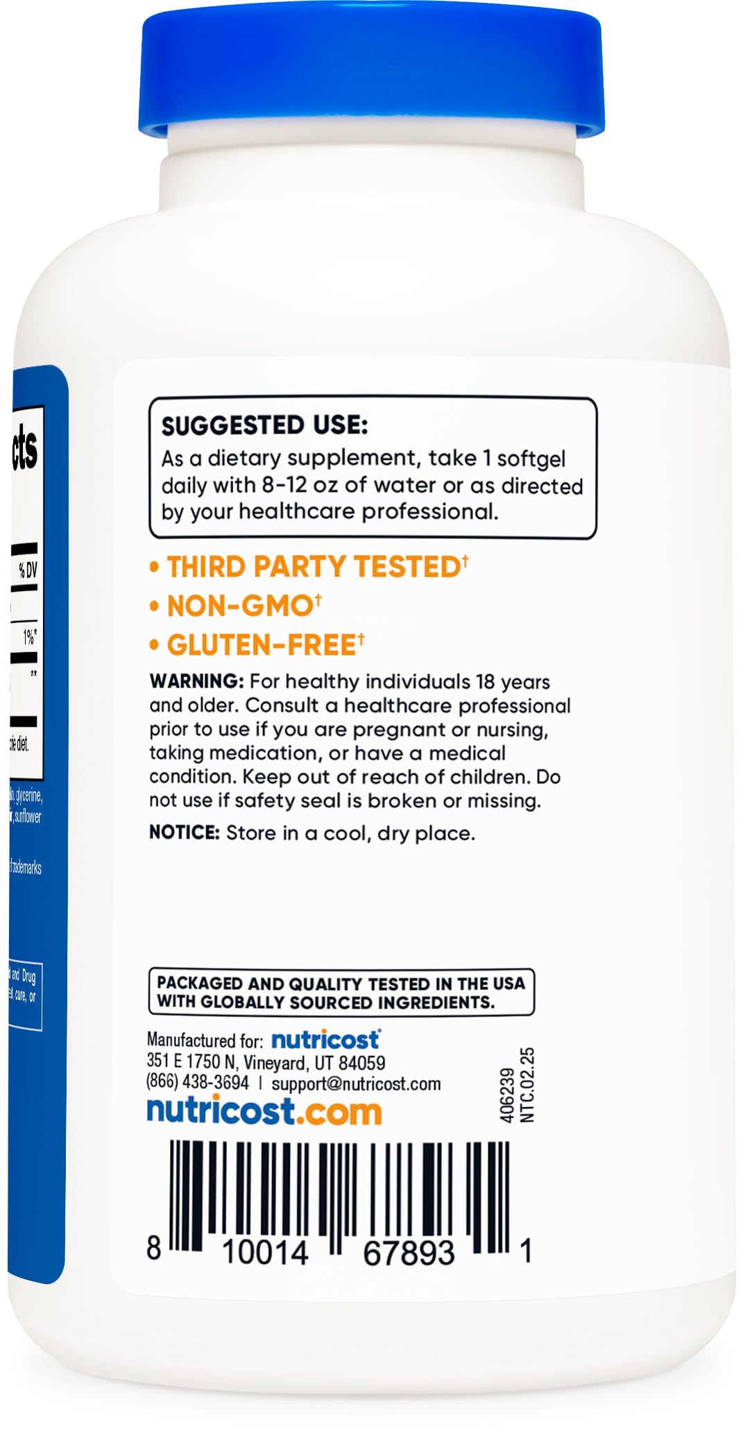 Nutricost ubiquinol softgels label clearly shows ingredients and standards.