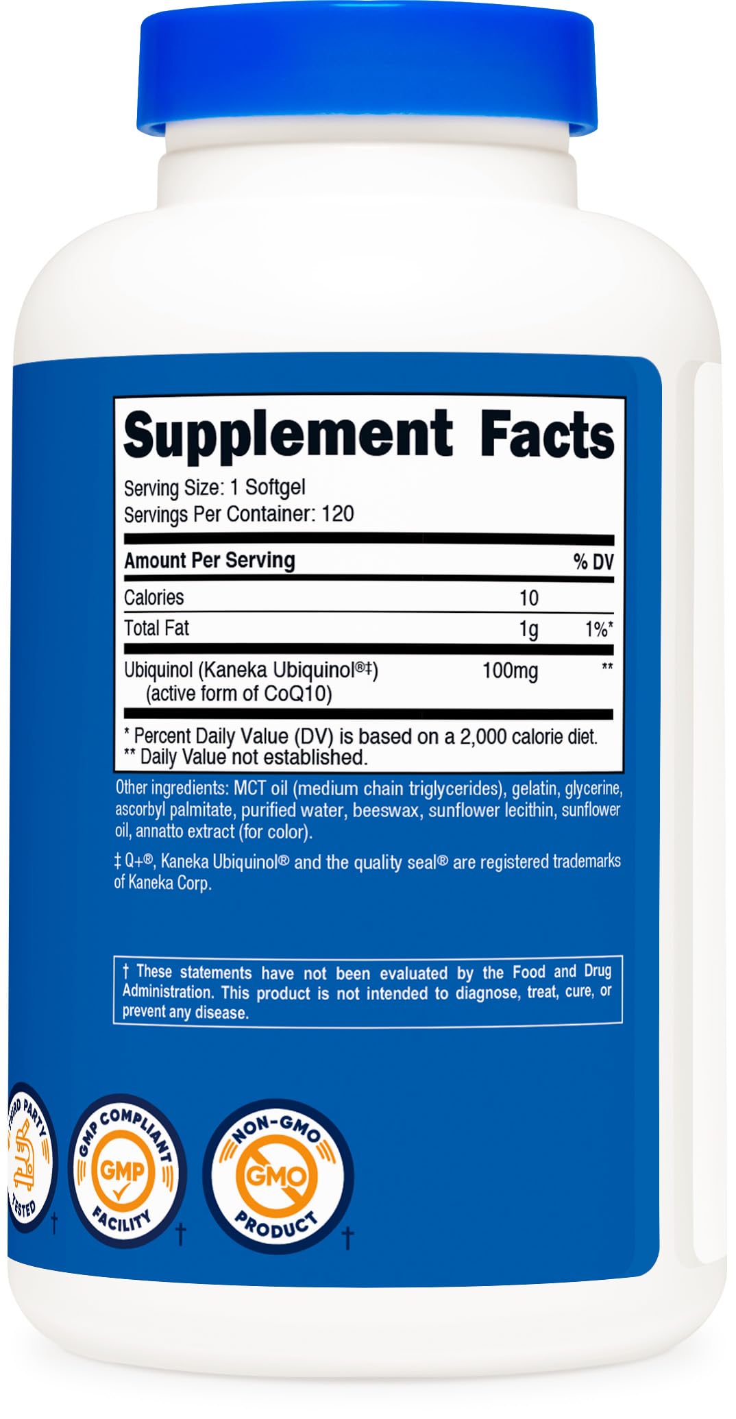 Nutricost ubiquinol softgels NSF GMP logo confirms quality.