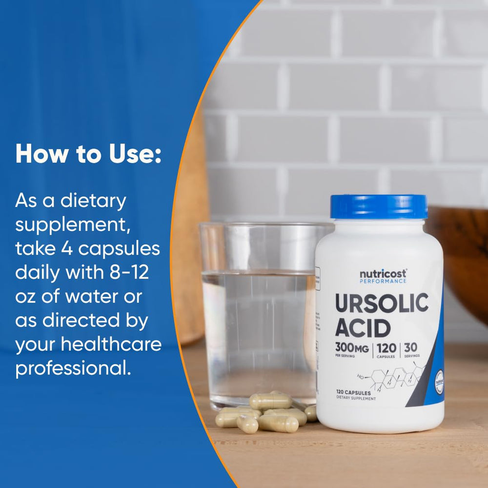Nutricost Ursolic Acid 300mg bottle pictured in non-GMO gluten-free context