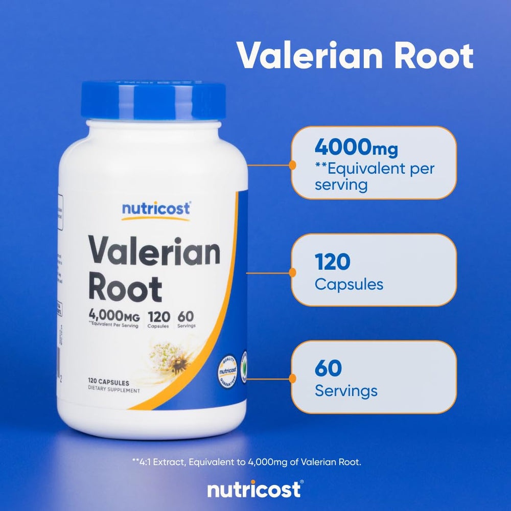 Graphic illustrating Nutricost Valerian Root Capsules 4 to 1 extract per serving