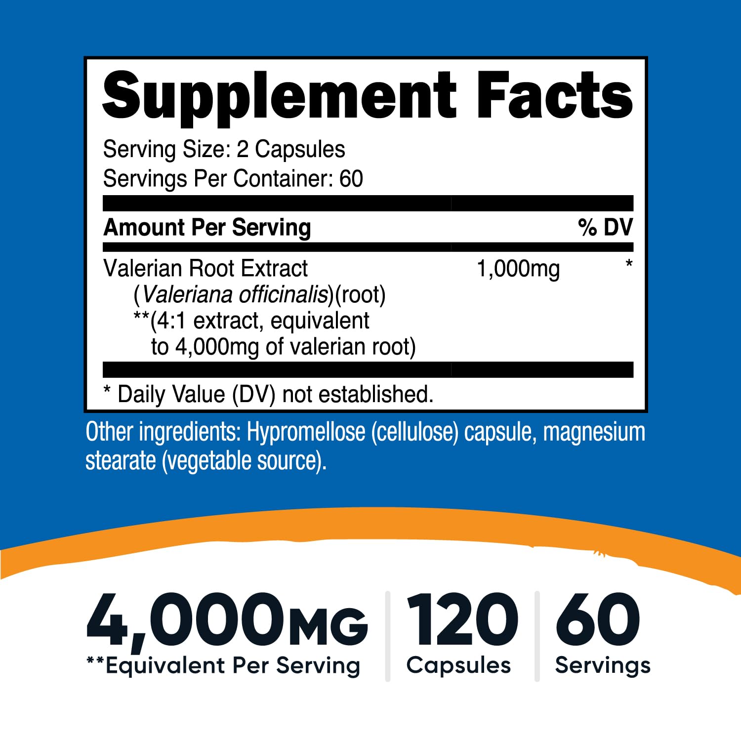 Nutricost Valerian Root Capsules label close-up highlighting 1000 mg per serving