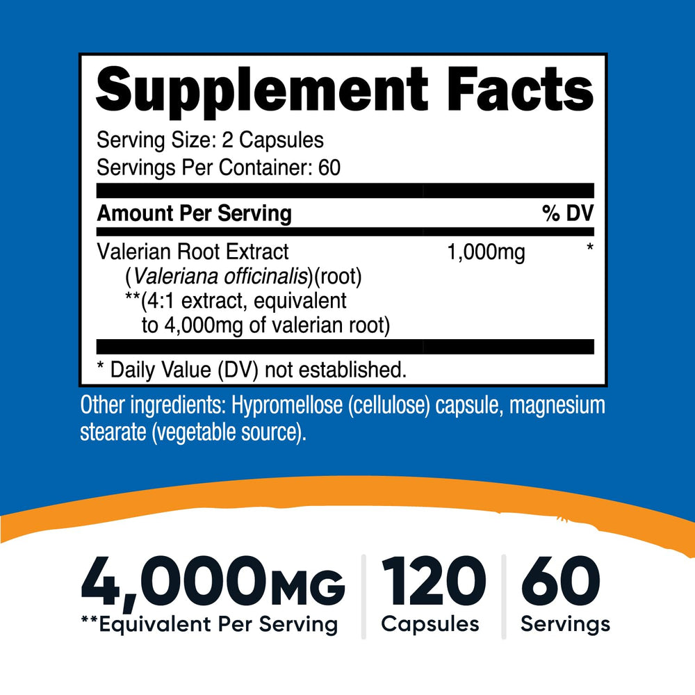 Nutricost Valerian Root Capsules label close-up highlighting 1000 mg per serving