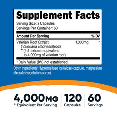 Nutricost Valerian Root Capsules label close-up highlighting 1000 mg per serving
